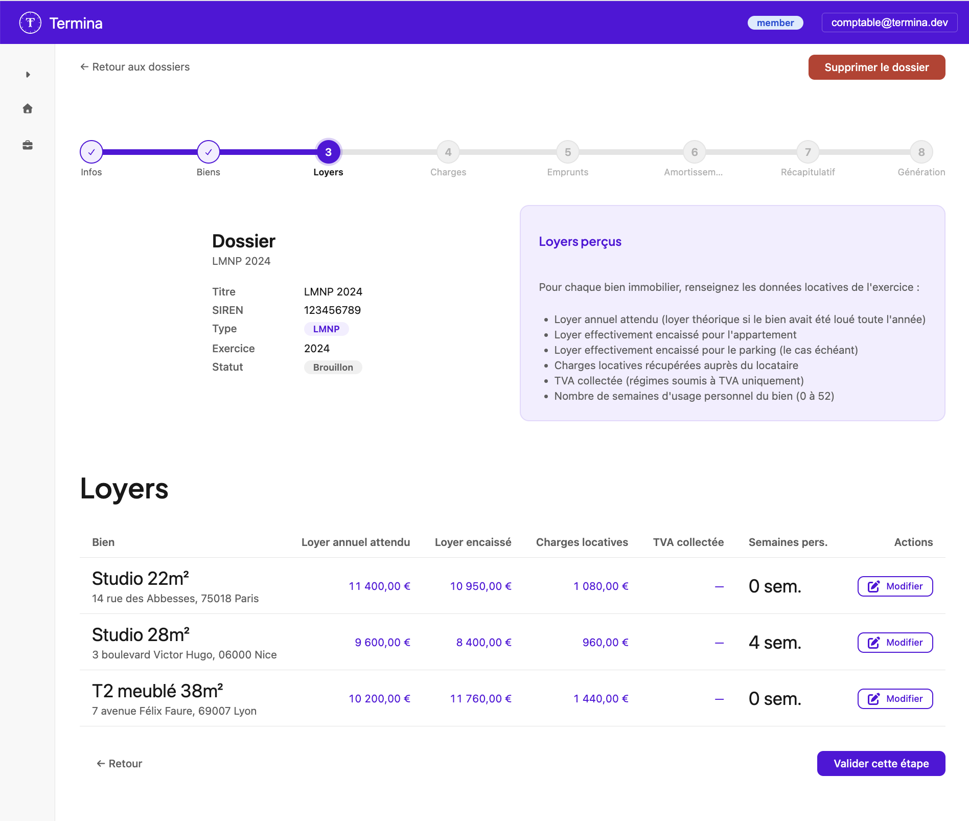 Interface Termina — étape loyers d'un dossier LMNP